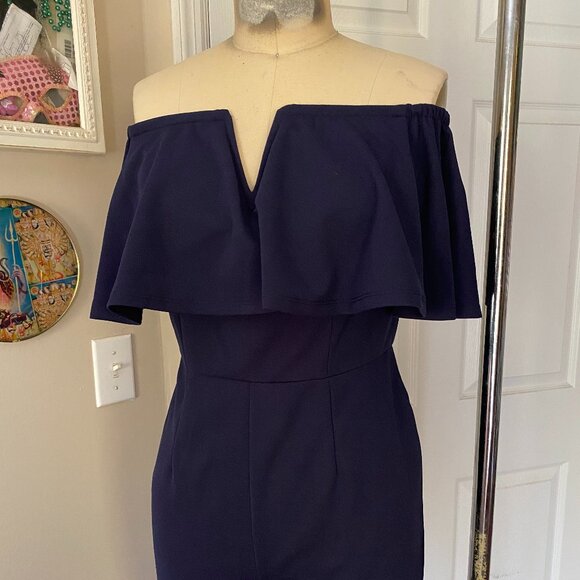DYNAMITE Navy Cape Off-Shoulder MOD Skinny Leg ROMPER Jumpsuit *X-SMALL* - Picture 2 of 7